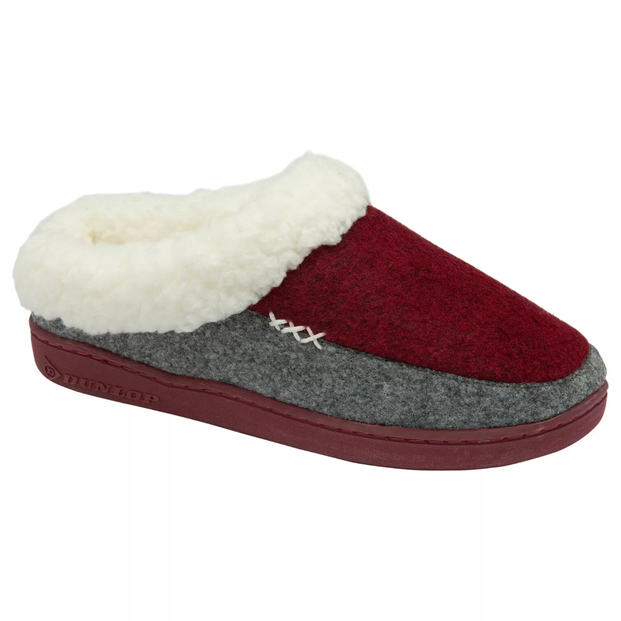 womens memory foam Warm indoor Dunlop ladies slippers with soft lining and non slip sole in burgundy and grey